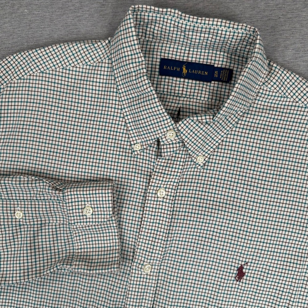 Ralph Lauren Shirt Mens XL Teal Brown Check Button Down Long Sleeve Cotton